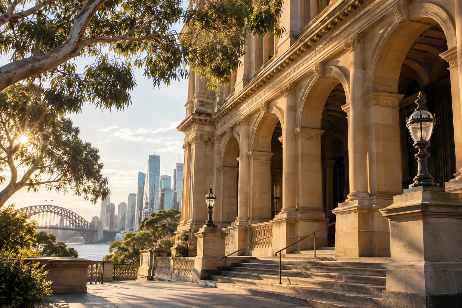 Illustrative Australian sandstone civic building in warm afternoon light