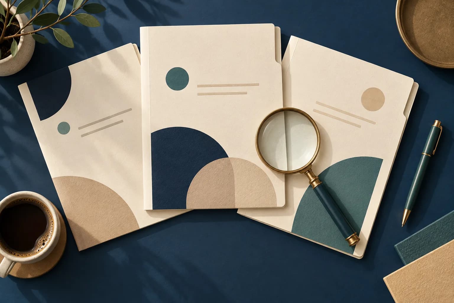Editorial illustration of proposal folders, a magnifying glass and a pen