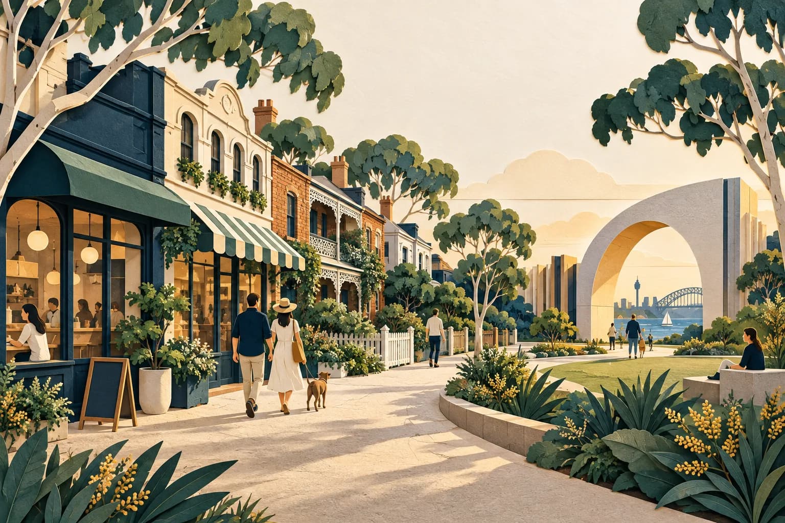 Editorial illustration of leafy Australian streets and civic architecture