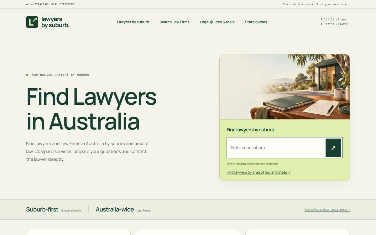 Lawyers by Suburb homepage captured on 26 September 2026
